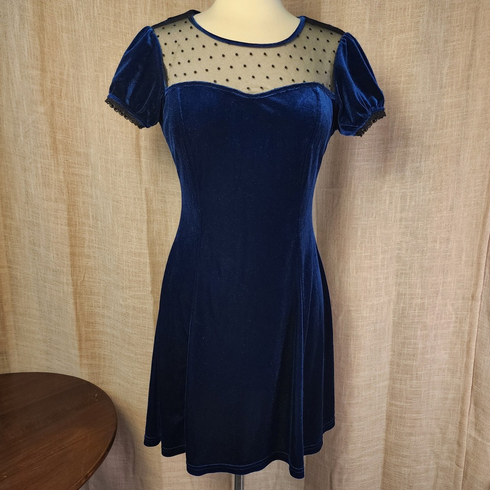 Hot Topic Blue Velvet Swiss Dot Yoke Dress M Puff Sleeve Goth
